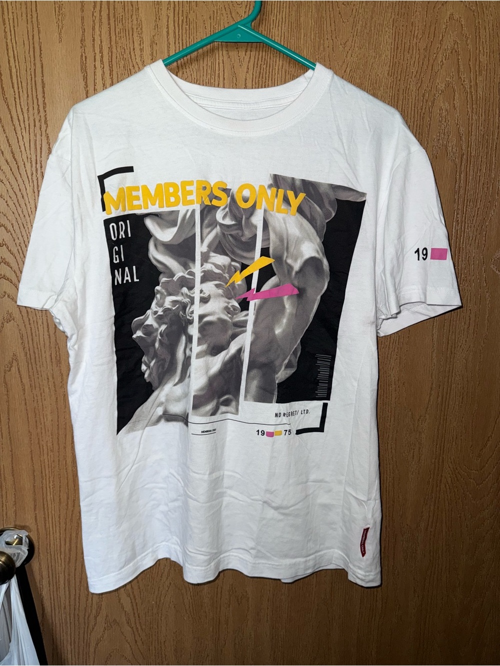 Members Only White Graphic Statue Tee with Yellow & Pink Accents